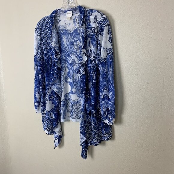 Chicos Womens Cardigan Sweater 1 M Paisley Blue White Waterfall Lightweight Boho - Picture 4 of 14